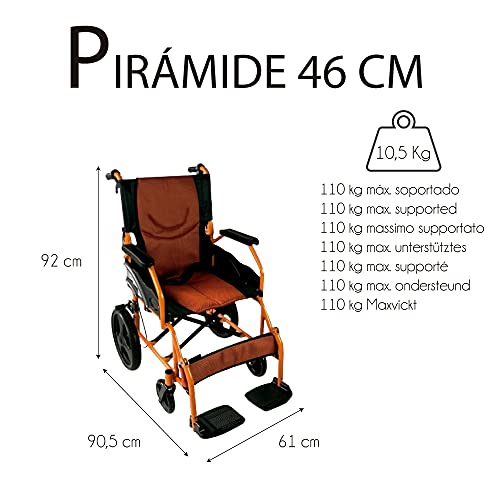 Mobiclinic, Silla de ruedas ortopédica, Modelo Pirámide, Aluminio, Plegable, Freno en manetas, Marca Española, Asiento de 46 cm, Para minusválidos, Reposapiés, Reposabrazos, color naranja