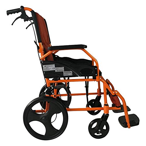 Mobiclinic, Silla de ruedas ortopédica, Modelo Pirámide, Aluminio, Plegable, Freno en manetas, Marca Española, Asiento de 46 cm, Para minusválidos, Reposapiés, Reposabrazos, color naranja