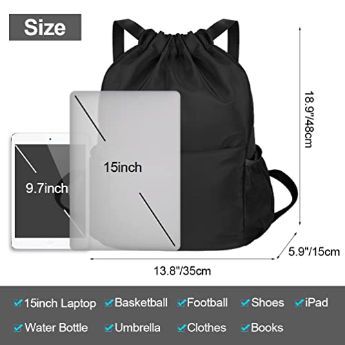 Mochila Cuerdas Mujer Hombre Bolsa - Mochilas de Tela Cuerda Bolso con Cordon Deporte Talega Saco para Playa Gimnasio Gym Deportiva Yoga Adulto Unisex Grande Bolsillo (Negro)