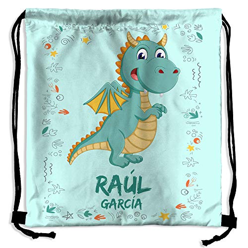 Mochila Saco Infantil Personalizada con Nombre. Regalo Personalizado para niño y niña. Mochila de Cuerdas. Vuelta al Cole. Varios Diseños. DRAGÓN