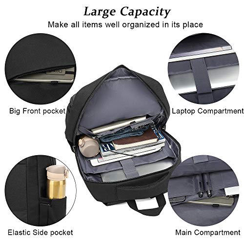 Mochila Unisex Impermeable para Ordenador Portátil de hasta 15.6 Pulgadas, con Puerto USB, conector para Auriculares y Bolsillo Antirrobo. Para los estudios, viajes o trabajo (Negro)