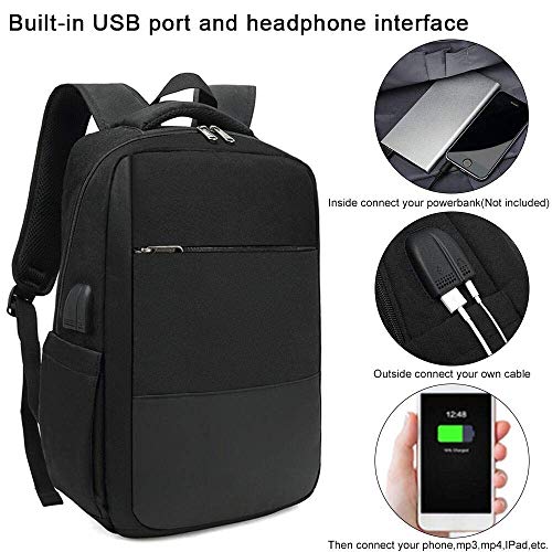 Mochila Unisex Impermeable para Ordenador Portátil de hasta 15.6 Pulgadas, con Puerto USB, conector para Auriculares y Bolsillo Antirrobo. Para los estudios, viajes o trabajo (Negro)