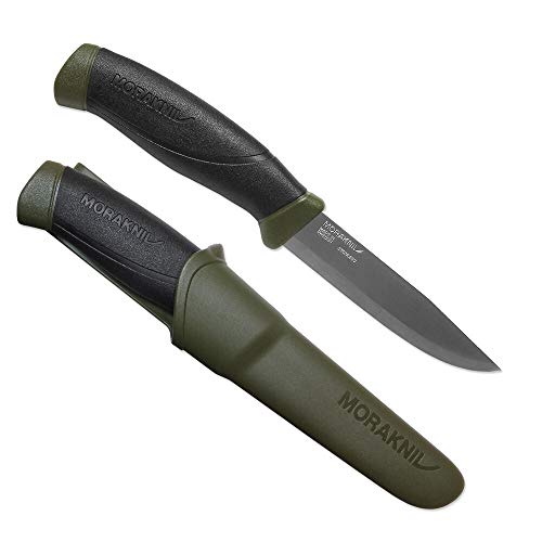 Morakniv Companion M11827 AA8 - Cuchillo con hoja de acero inoxidable, mango antideslizante, color verde oliva y funda con clip para cinturón