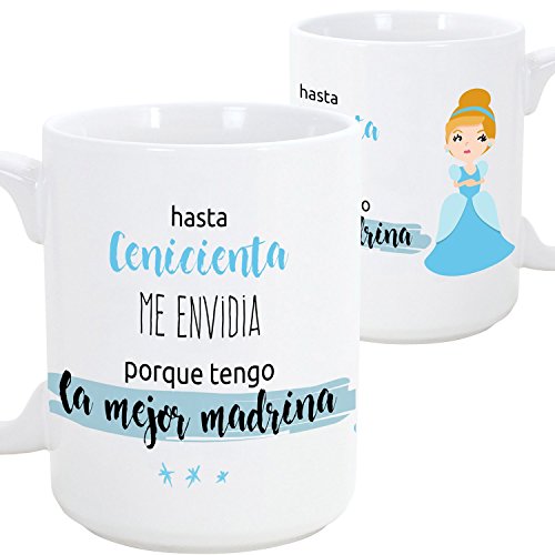 MUGFFINS Taza Madrina - hasta Cenicienta me envidia Porque Tengo la Mejor Madrina – Taza Desayuno/Idea Regalo Día de Pascua. Cerámica 350 mL