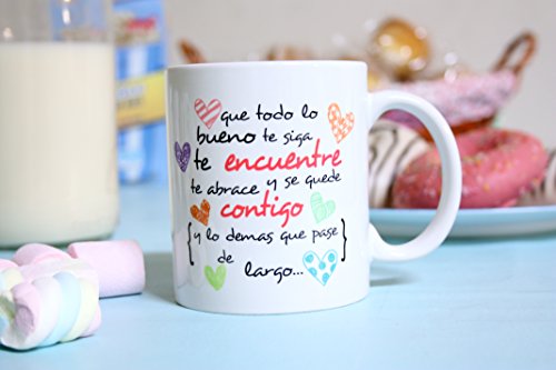 MUGFFINS Taza Original -Que Todo lo Bueno te SIGA te encuentre y te abrace - 350 ml - Tazas con Frases motivacionales