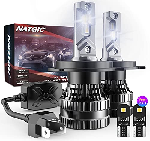 NATGIC H4 Bombillas LED para Faros Delanteros con 2PC Bombillas LED T10, Kit de Conversión de HB2 9003 Bombillas Hi/Lo Beam con Controlador Inteligente EMC, 12000LM Blanco 6500K(Total de 4 Bombillas)