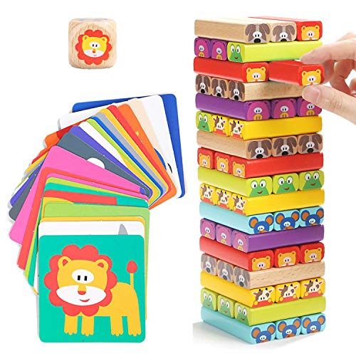 Nene Toys Torre de Bloques Infantil de Madera 4 en 1 con Colores y Animales – Juego de Mesa Familiar Educativo para Niños Niñas de 3 a 9 años Compartir Entre Padres e Hijos