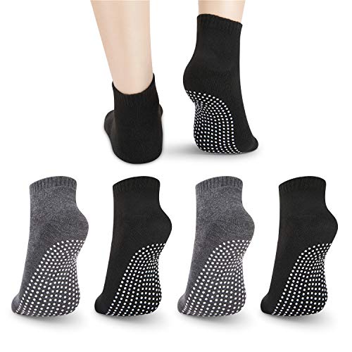 NEWCHAO Calcetines Antideslizantes Calcetines de Algodón Antideslizantes, 4 Pares de Calcetines de Agarre Unisex para Yoga Entrenamiento en Casa Barra Pilates Embarazo Hospital Hombres Mujeres