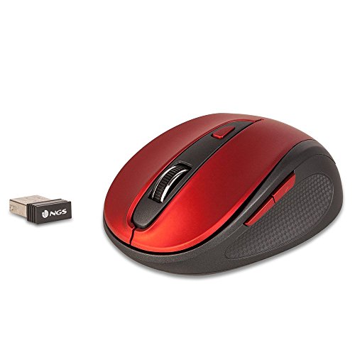 NGS EVO MUTE RED - Ratón Óptico Inalámbrico 2.4GHz, Ratón USB para Ordenador o Laptop Con 5 Botones Silenciosos y Scroll, 800/1600dpi, Rojo