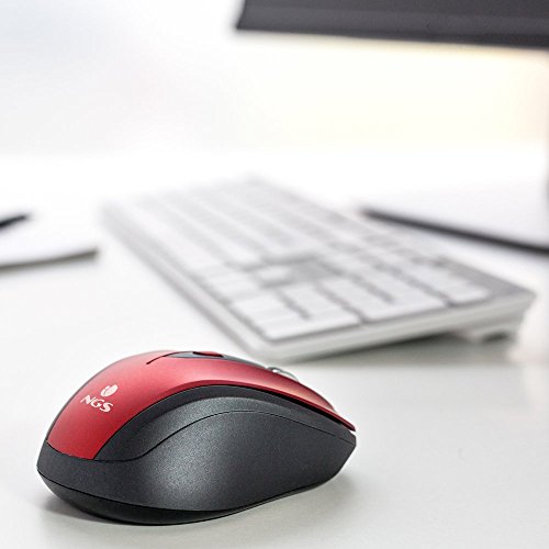 NGS EVO MUTE RED - Ratón Óptico Inalámbrico 2.4GHz, Ratón USB para Ordenador o Laptop Con 5 Botones Silenciosos y Scroll, 800/1600dpi, Rojo