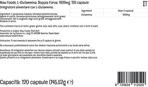 Now Foods, L-Glutamina, Doble Fuerza, 1.000 mg, 120 Cápsulas, Probado en Laboratorio, Aminoácido, Sin Gluten, Sin Soja, No GMO