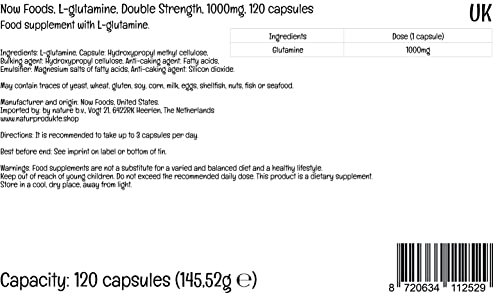 Now Foods, L-Glutamina, Doble Fuerza, 1.000 mg, 120 Cápsulas, Probado en Laboratorio, Aminoácido, Sin Gluten, Sin Soja, No GMO