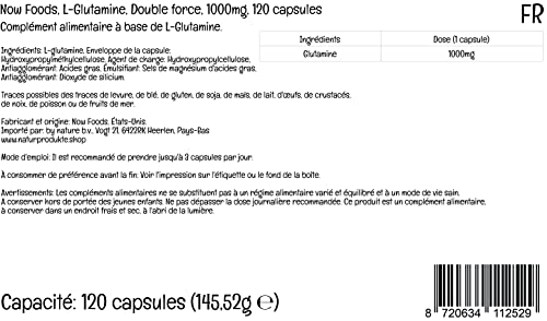 Now Foods, L-Glutamina, Doble Fuerza, 1.000 mg, 120 Cápsulas, Probado en Laboratorio, Aminoácido, Sin Gluten, Sin Soja, No GMO