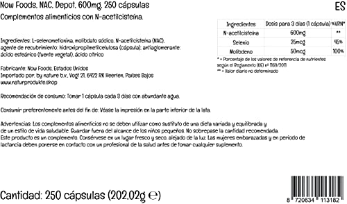 Now Foods, NAC (N-Acetil Cisteína), 600mg Depósito, Suplemento Alimenticio, 250 Cápsulas, Probado en Laboratorio, Sin Soja, Sin Gluten, No GMO