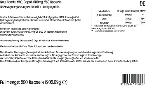 Now Foods, NAC (N-Acetil Cisteína), 600mg Depósito, Suplemento Alimenticio, 250 Cápsulas, Probado en Laboratorio, Sin Soja, Sin Gluten, No GMO