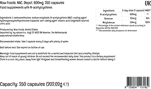 Now Foods, NAC (N-Acetil Cisteína), 600mg Depósito, Suplemento Alimenticio, 250 Cápsulas, Probado en Laboratorio, Sin Soja, Sin Gluten, No GMO