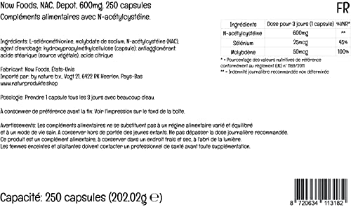 Now Foods, NAC (N-Acetil Cisteína), 600mg Depósito, Suplemento Alimenticio, 250 Cápsulas, Probado en Laboratorio, Sin Soja, Sin Gluten, No GMO