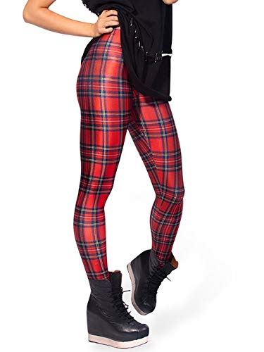 Nuofengkudu Mujer Estampados Leggins Largos Elasticos Cintura Alta Lisos Mallas Deporte Colores Hippie Transpirable Push up Yoga Pantalones (Rojo Tartan,Talla única)