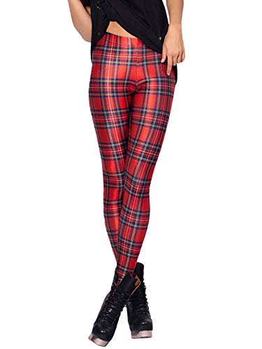 Nuofengkudu Mujer Estampados Leggins Largos Elasticos Cintura Alta Lisos Mallas Deporte Colores Hippie Transpirable Push up Yoga Pantalones (Rojo Tartan,Talla única)