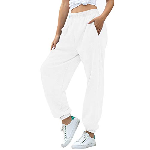 Nuofengkudu Mujer Harem Térmicos Jogging Pantalones Forro Polar con Bolsillos Elastica Cintura Alta Comodo Llanura Largos Pantalón Deportiva Jogger Pants Sweatpants Casual Ropa de Casa(Lana-Blanco,M)