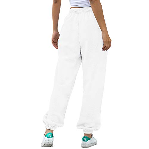 Nuofengkudu Mujer Harem Térmicos Jogging Pantalones Forro Polar con Bolsillos Elastica Cintura Alta Comodo Llanura Largos Pantalón Deportiva Jogger Pants Sweatpants Casual Ropa de Casa(Lana-Blanco,M)