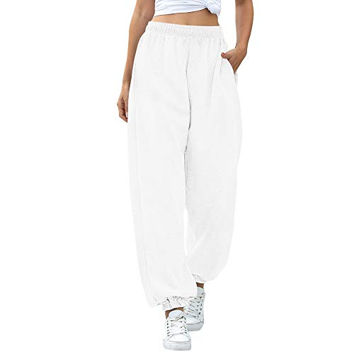 Nuofengkudu Mujer Harem Térmicos Jogging Pantalones Forro Polar con Bolsillos Elastica Cintura Alta Comodo Llanura Largos Pantalón Deportiva Jogger Pants Sweatpants Casual Ropa de Casa(Lana-Blanco,M)