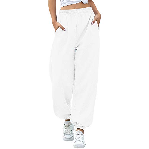 Nuofengkudu Mujer Harem Térmicos Jogging Pantalones Forro Polar con Bolsillos Elastica Cintura Alta Comodo Llanura Largos Pantalón Deportiva Jogger Pants Sweatpants Casual Ropa de Casa(Lana-Blanco,M)