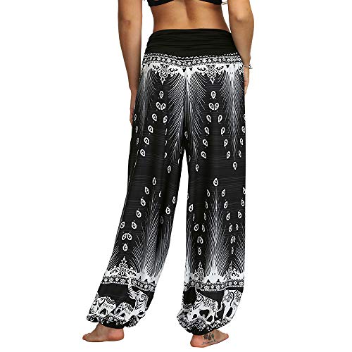 Nuofengkudu Mujeres Hippies Pantalones Bombachos Cintura Alta Boho Flores Impreso Baggy Indios Yoga Pants Verano Playa Fiesta Harem Pantalón (Negro B,L)