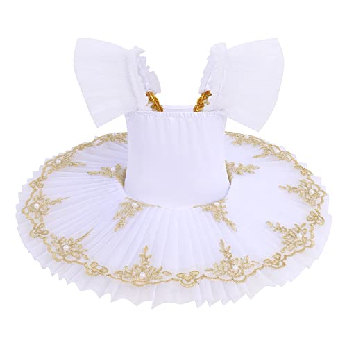 OBEEII Vestido de Baile Moderno para Niña Traje de Gimnasia Artística Maillot de Ballet Latino Leotardo de Manga Corta Vestido de Bola Falda Tutú de Bailarina de Jazz Color Sólido Blanco 9-10Años