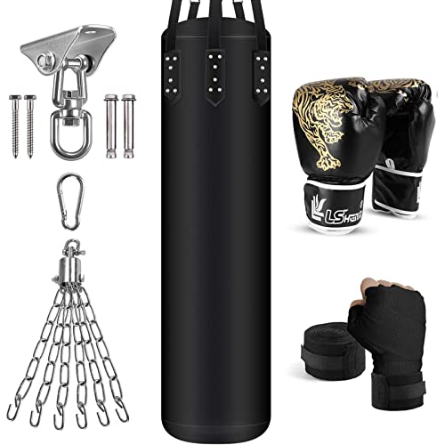 Odoland Kit de Sacos de Boxeo 6-en-1 Sin Relleno para Hombres y Mujeres, 120 cm Bolsa Pesada de Kick Boxing Carga hasta 40 kg con Guantes de Boxeo de 12 oz Vendajes de Boxeo y Cadenas para Bolsas