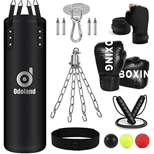 Odoland Saco de Boxeo, Punching Bag Sin Relleno 100cm con Guantes de Boxeo, Boxing Reflex Ball, Vendas Boxeo, Cuerda para Saltar y Cadena, Kit de Boxeo para Entrenamiento Kick Boxing Artes Marciales