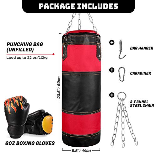 Odoland Saco de Boxeo Set 7-In-1 para Niños Sin Relleno, Saco de Boxeo Pesado con Guantes de Boxeo de 6 oz y Mangas Protectoras para Manos Cadenas para Colgar y Gancho, Nero