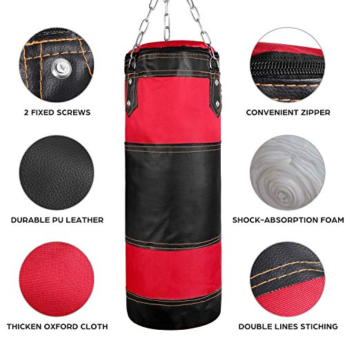 Odoland Saco de Boxeo Set 7-In-1 para Niños Sin Relleno, Saco de Boxeo Pesado con Guantes de Boxeo de 6 oz y Mangas Protectoras para Manos Cadenas para Colgar y Gancho, Nero