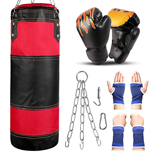 Odoland Saco de Boxeo Set 7-In-1 para Niños Sin Relleno, Saco de Boxeo Pesado con Guantes de Boxeo de 6 oz y Mangas Protectoras para Manos Cadenas para Colgar y Gancho, Nero