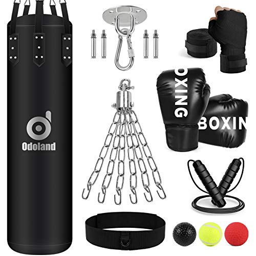 Odoland Saco de Boxeo Sin Relleno 120CM con Guantes de Boxeo, Boxing Reflex Ball, Vendas Boxeo, Cuerda para Saltar y Cadena, Saco Boxeo Adulto para Entrenamiento Kick Boxing Artes Marciales