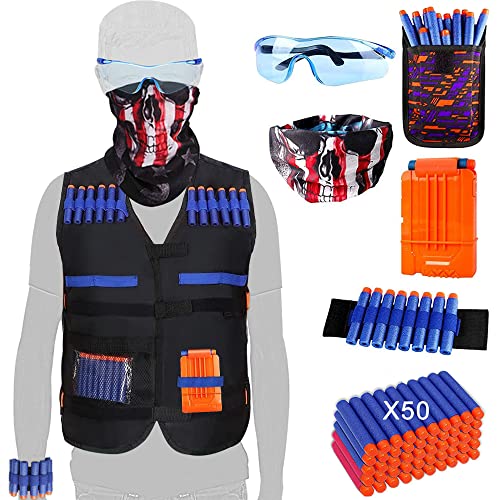 OFUN Táctico para Niños 56pcs, Chaleco Táctico para Pistolas Nerf N-Strike Elite + 50 Dardos + 1 Pañuelos Bandanas + 1 Protección Gafas + 1 Clips de liberación rápida + 1 Pulsera + 1 Bolsa de Dardos