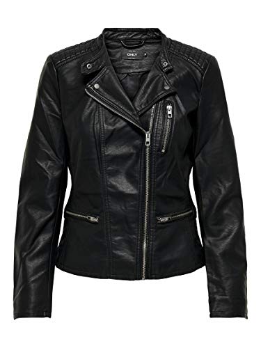 Only Leather Look Biker Jacket Chaqueta, Negro (Black), 40 para Mujer