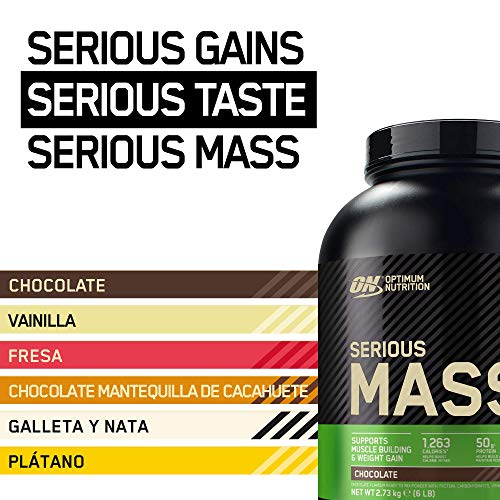 Optimum Nutrition Serious Mass Proteina en Polvo, Mass Gainer Alto en Proteína, con Vitaminas, Creatina y Glutamina, Chocolate, 8 Porciones, 2,73kg, Embalaje Puede Variar