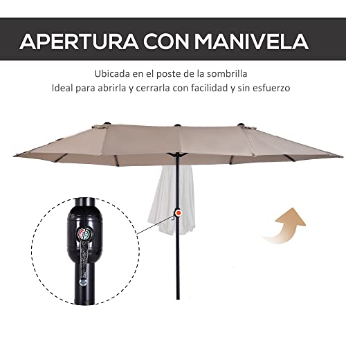 Outsunny Sombrilla Doble Parasol Grande 4.6x2.7m Sombrilla Jardín Patio con Manivela Manual Resistente al Agua y Protección Solar UV para Terraza Playa Piscina Café