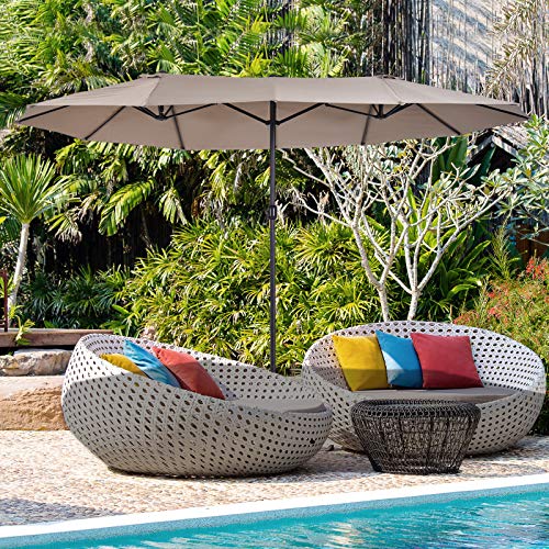 Outsunny Sombrilla Doble Parasol Grande 4.6x2.7m Sombrilla Jardín Patio con Manivela Manual Resistente al Agua y Protección Solar UV para Terraza Playa Piscina Café