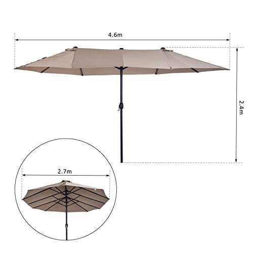 Outsunny Sombrilla Doble Parasol Grande 4.6x2.7m Sombrilla Jardín Patio con Manivela Manual Resistente al Agua y Protección Solar UV para Terraza Playa Piscina Café