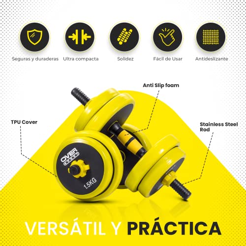 OVER SPORT Mancuernas Ajustables 20 kg 2 en 1 con Barra Ajustable para Gimnasio o Hacer Deporte en Casa - Pesas con Discos Regulables para musculación de 20kg.