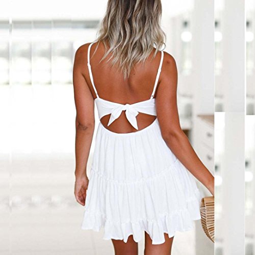 Overdose Mini Vestido Sin Respaldo De Las Mujeres De Verano Blanco Fiesta De Noche Vestidos De Playa Sundress Encaje con Cuello En V (S, Blanco)