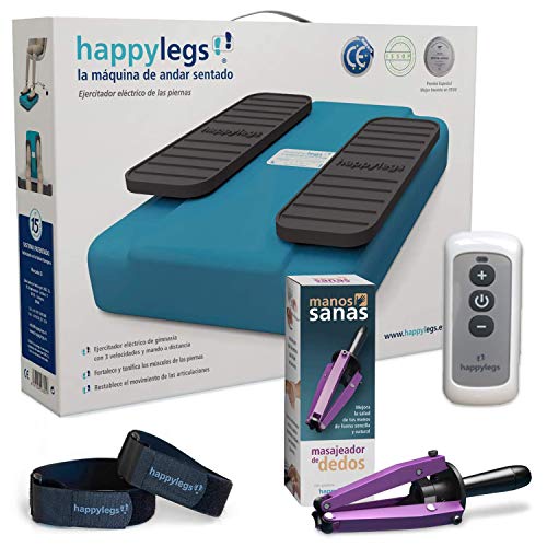 Pack Happylegs 2021 + Manos Sanas + Correas. La Máquina de Andar Sentado Que Evita Dolores de Espalda y Lumbares. Estimula tu Circulación de Piernas y Manos. ÚNICA Fabricada en España. (Azul)