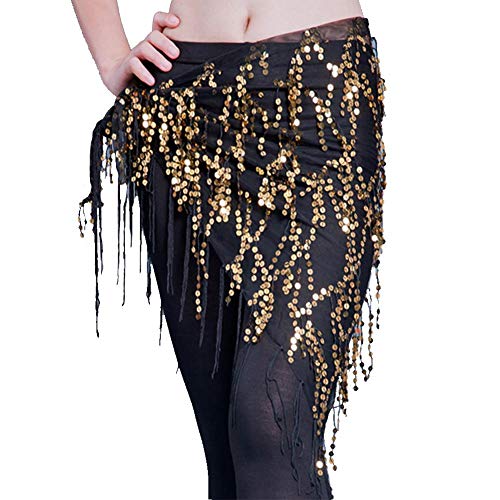 Pañuelo para danza del vientre, fular para mujer, flamenco, para danza del vientre, cadera, disfraz, triángulo, cinturón, falda Negro y dorado. Talla única