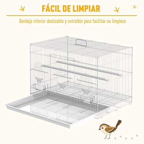 PawHut Jaula Pajaros 60x41x41cm Pajarera Pajaro Loros Canarios Cotorras Hierro Blanco