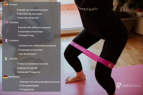 PERPETUAL Bandas Elásticas Musculación Resistencia (Pack de 5) Cintas Gomas Colores Fitness Yoga Pilates Ejercicios Entrenamiento Piernas Glúteos Minibands Hombre Mujer