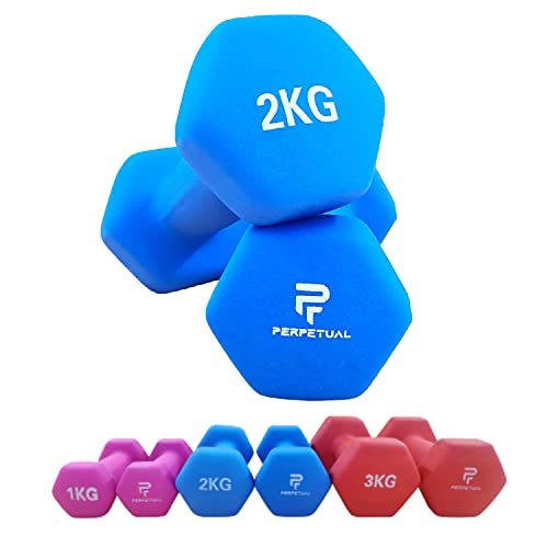 PERPETUAL Mancuernas 2KG (2 Unidades) Neopreno Pesas Ligeras Pequeñas Hexagonales Pilates Hombre Mujer Ejercicio Gimnasio Casa Fitness Dumbbell