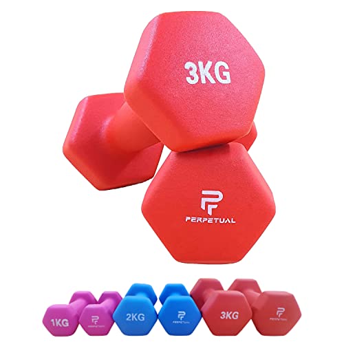 PERPETUAL Mancuernas 3KG (2 unidades) Neopreno Pesas Ligeras Pequeñas Hexagonales Pilates Hombre Mujer Ejercicio Gimnasio Casa Fitness Dumbbell