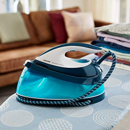 Philips GC7844/20 - Centro de planchado sin quemaduras ni necesidad de realizar ajustes de la temperatura, 6.5 bares, golpe de vapor 400 g, autoapagado, tamaño Compacto, suela especial, color azul